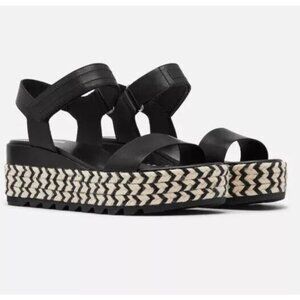 SOREL Cameron Women's Sz 7.5 Platform Sandal Black Tan Saw Blade Sole Espadrille